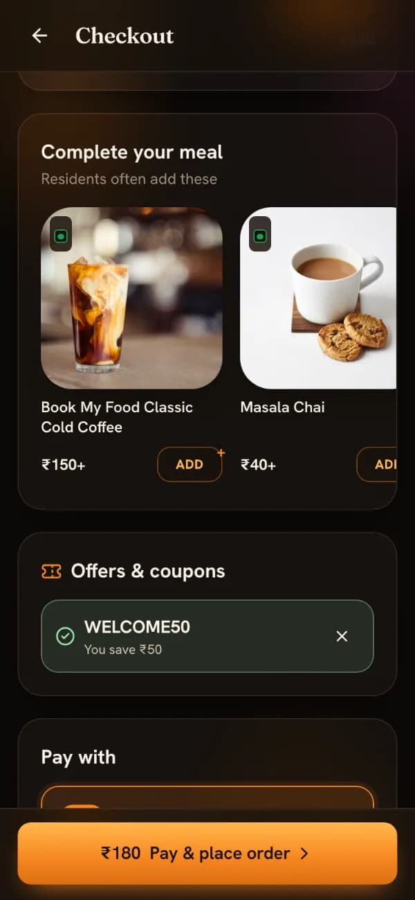 Checkout on a phone with the WELCOME50 coupon applied and “You save ₹50”, the Pay with options UPI / Cards and Cash on delivery, and the order total.