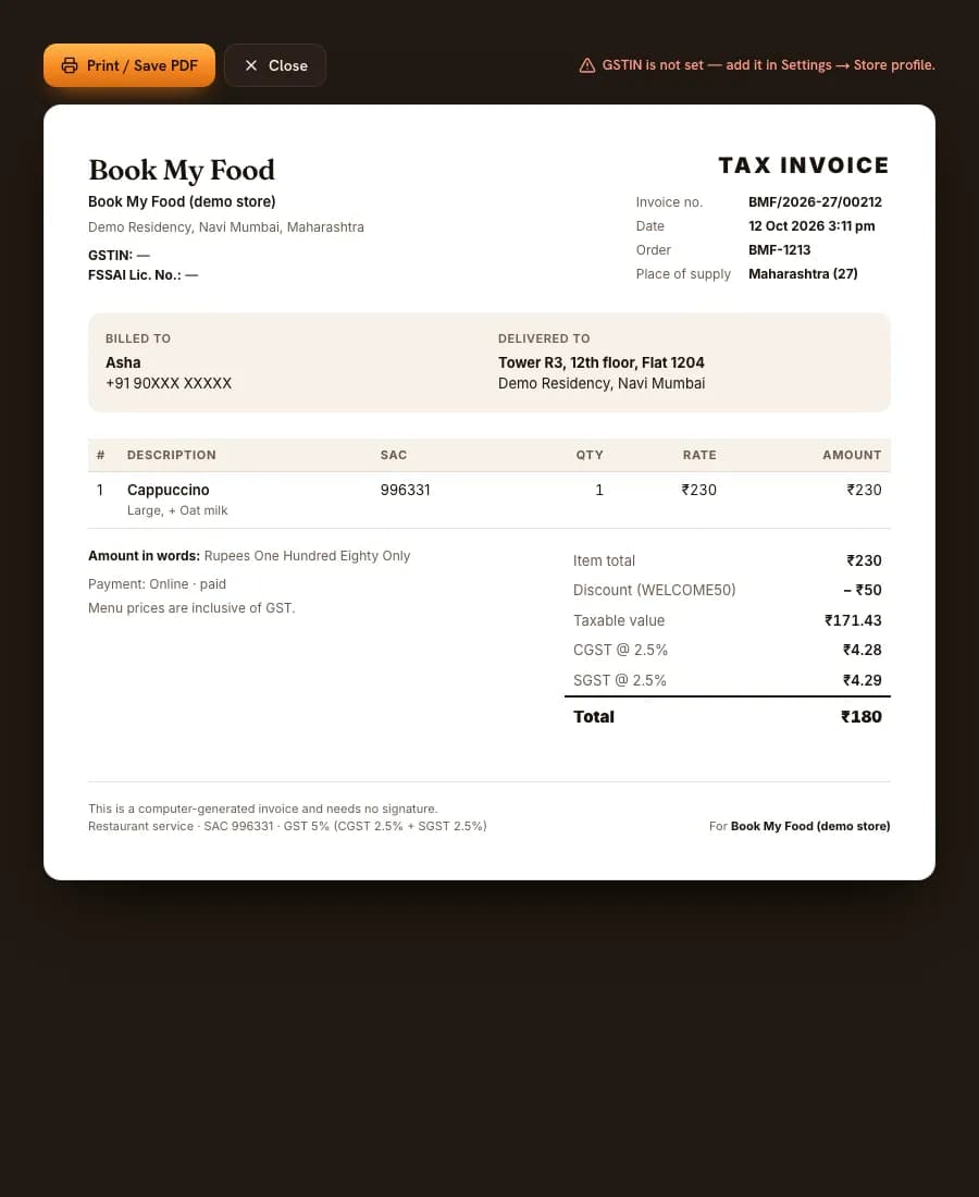 A GST tax invoice for a demo order: an invoice number in the form BMF/2026-27/00000, SAC 996331, item total ₹230, WELCOME50 discount, CGST and SGST at 2.5% each and a total of ₹180.