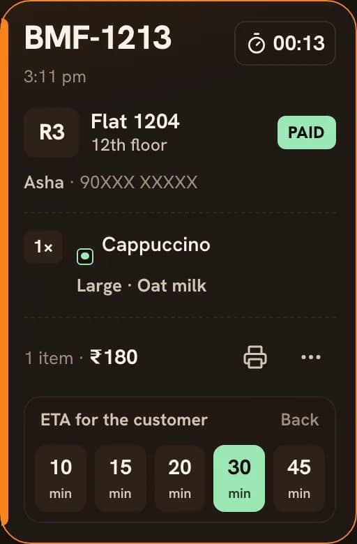 An order card on the kitchen board with the ETA picker open: ETA for the customer, 10, 15, 20, 30 and 45 minutes.