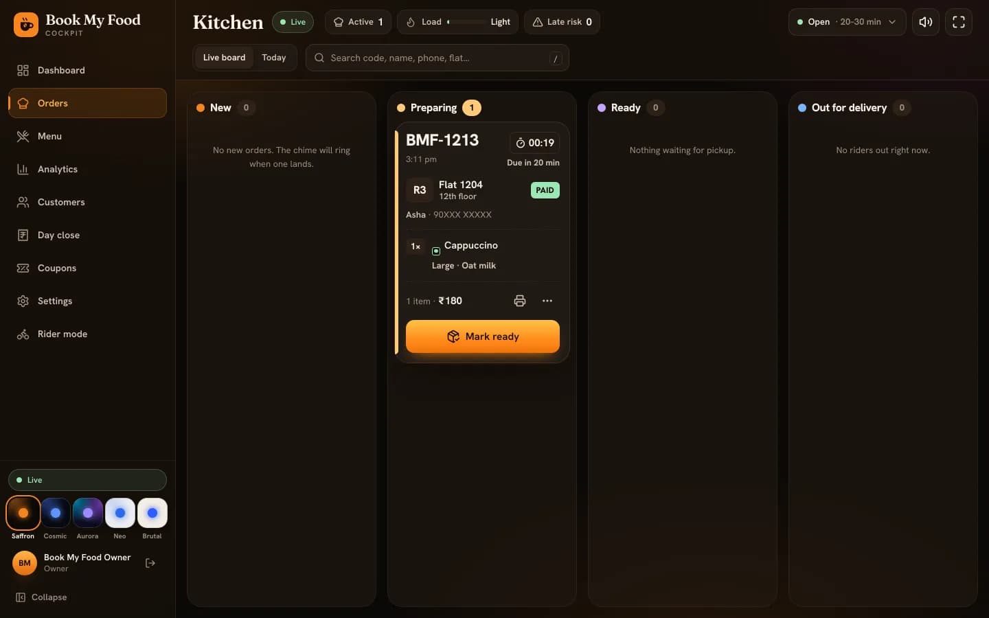 The kitchen board after accepting: the order is in the Preparing column, due in 20 minutes, with a Mark ready button.