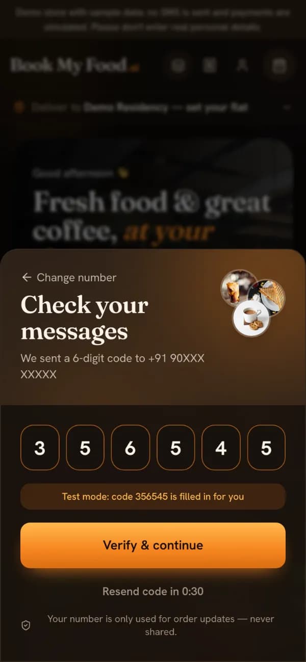 The login sheet on the demo store: six code boxes already filled and a note “Test mode: code is filled in for you”. The phone number is masked.
