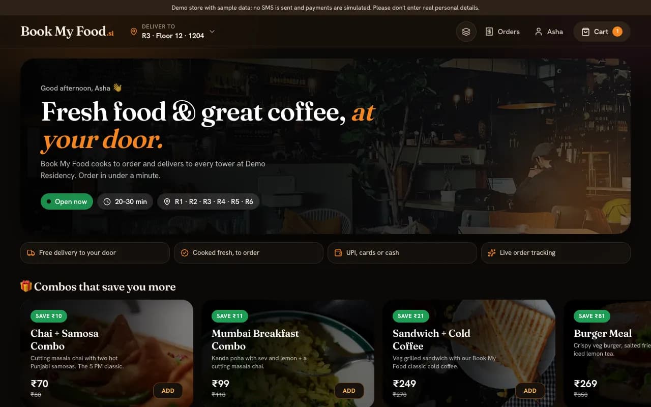 The Book My Food demo store on a laptop: the demo banner, Deliver to Demo Residency, the hero with Open now, 20–30 min and towers R1 to R6, and the combos row.
