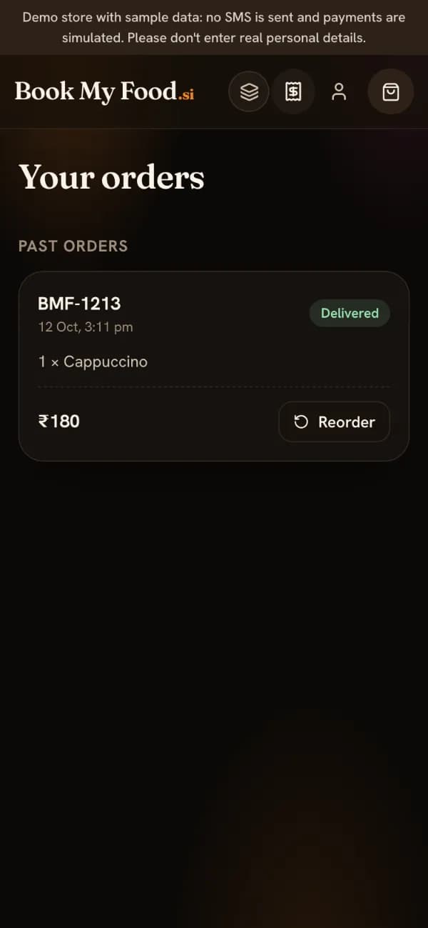 Your orders on a phone, with a past order and its Reorder button.