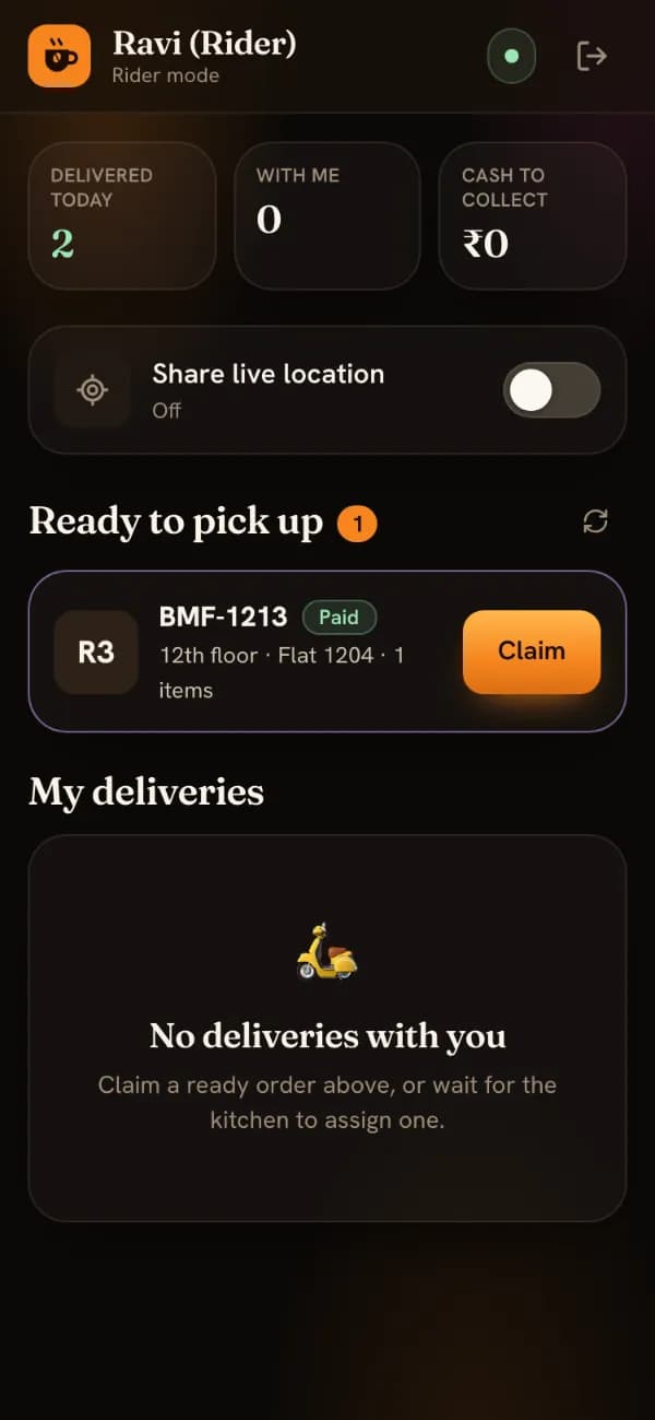 Rider mode with one order under Ready to pick up: tower R3, 12th floor, flat 1204, Paid, and a Claim button.