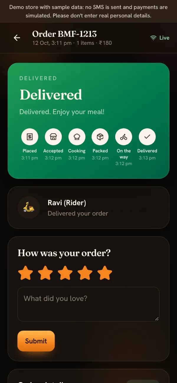 The tracker after delivery: a green Delivered card with every step's time, the rider's name, and five stars selected under “How was your order?”.