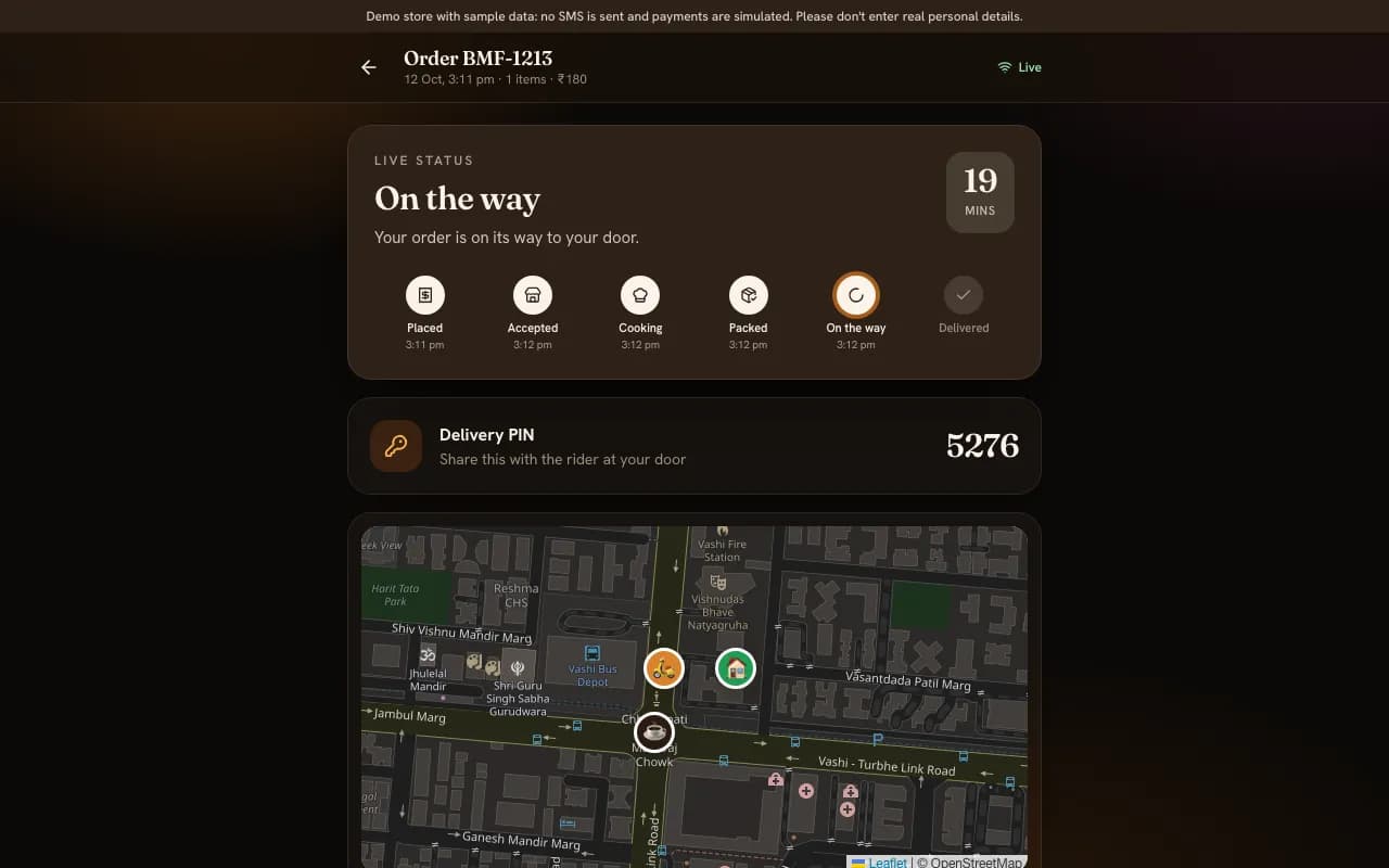 The resident's live tracker on a laptop: On the way, a six-step timeline with times, a delivery PIN and a map with the rider near the tower.