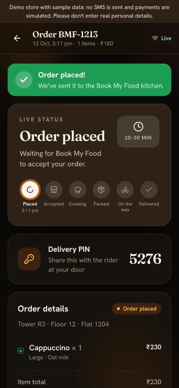 The tracker just after ordering: Order placed!, the status “Waiting for Book My Food to accept your order”, 20–30 min, the timeline with Placed ticked, a delivery PIN, and the order details.