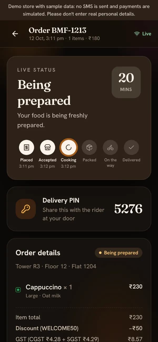 The tracker while the food is being prepared: the minutes countdown, the timeline up to Cooking, and a 4-digit delivery PIN.