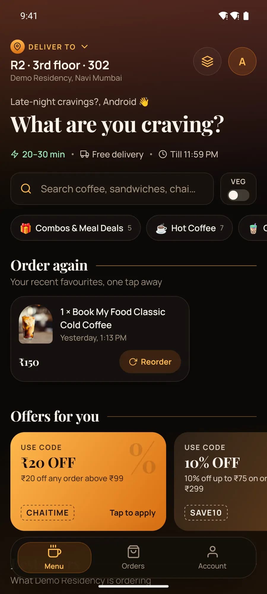 Android app home: deliver to R2, 3rd floor, 302, greeting, search, categories, Order again card and offers.
