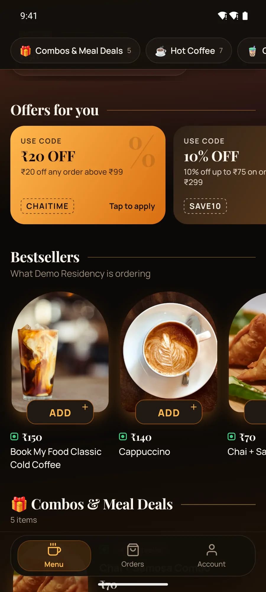 Android app offers CHAITIME and SAVE10 and a Bestsellers row with arch photos and Add buttons.