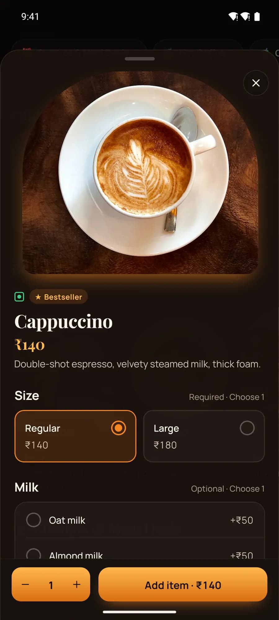 Android app cappuccino options: Regular ₹140 or Large ₹180, oat and almond milk add-ons at ₹50, Add item ₹140.
