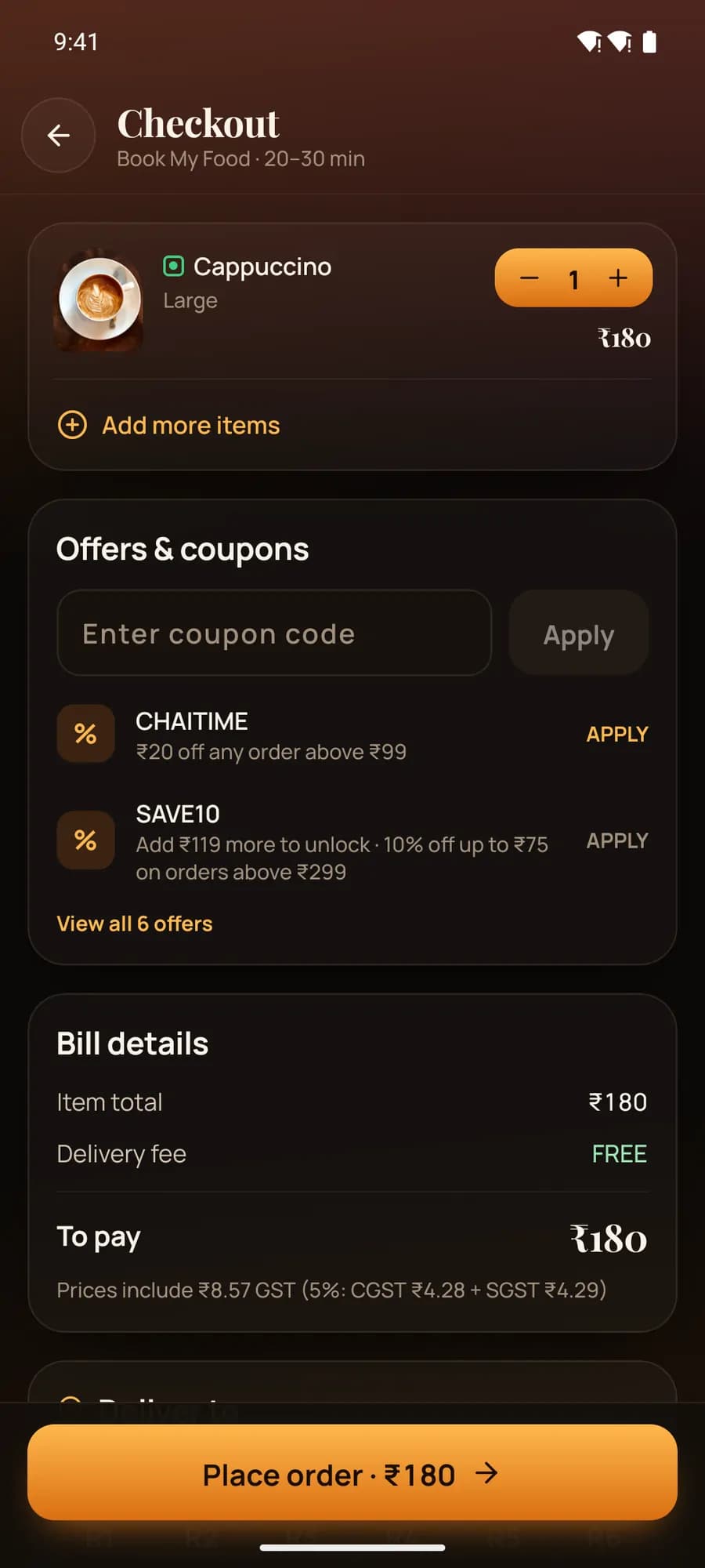 Android app checkout: large Cappuccino ₹180, CHAITIME and SAVE10 suggestions, bill ₹180 with GST split, Place order.