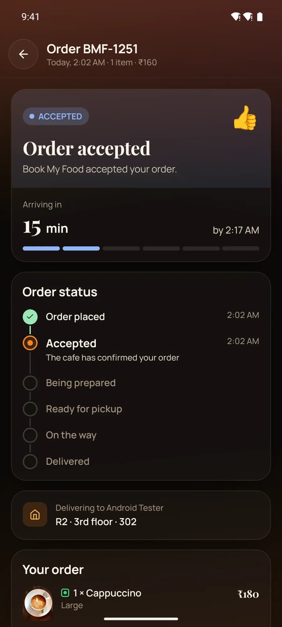 Android app tracker: Order accepted, arriving in 15 minutes, timeline with placed and accepted ticked.