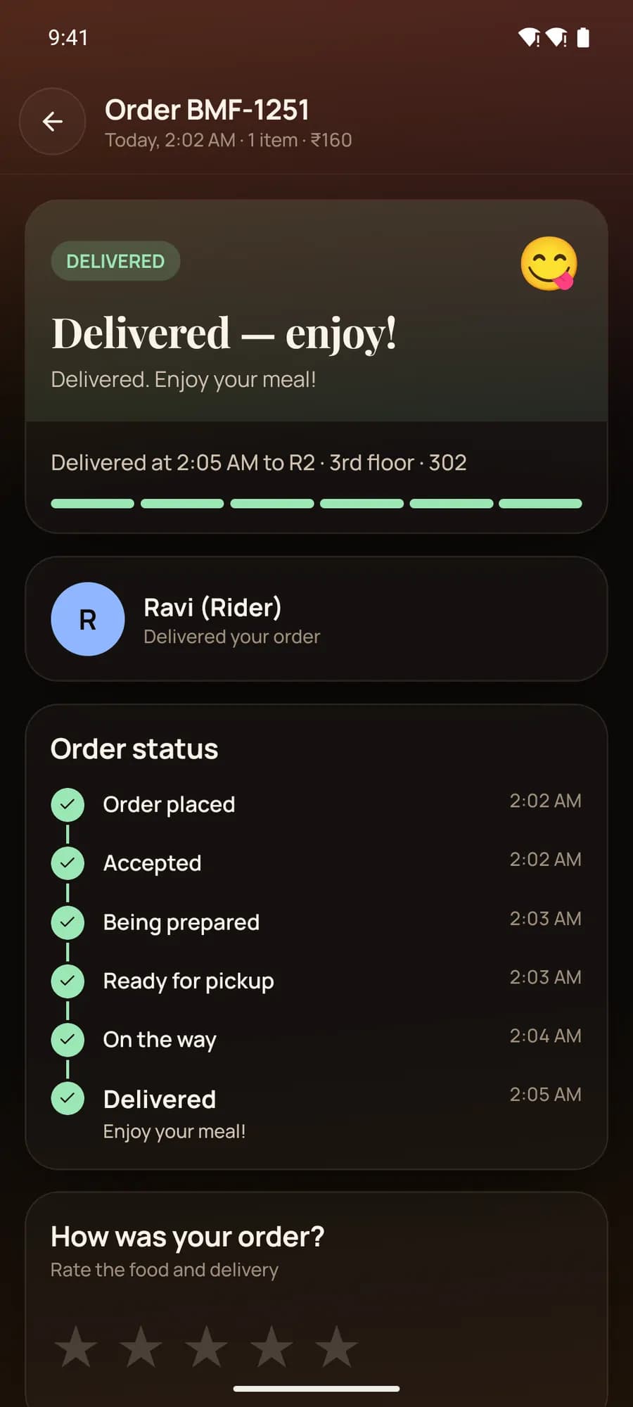 Android app: Delivered — enjoy! with the full timeline and the rider who delivered it.