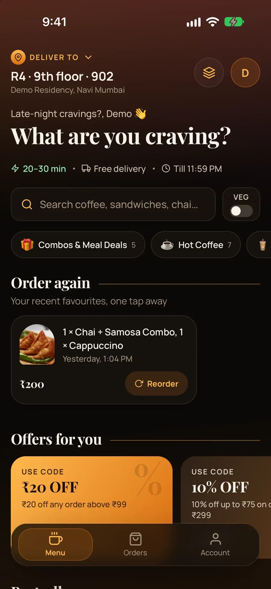 iPhone app home: deliver to R4, 9th floor, flat 902 at Demo Residency, “What are you craving?”, search, category chips and an Order again card for a ₹200 order.
