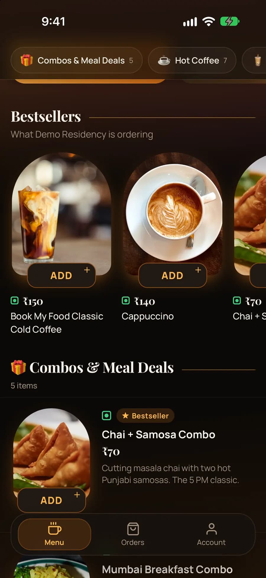 iPhone app menu showing offer cards CHAITIME ₹20 off and SAVE10 10% off, then Bestsellers with arch-shaped photos of cold coffee, cappuccino and samosas.