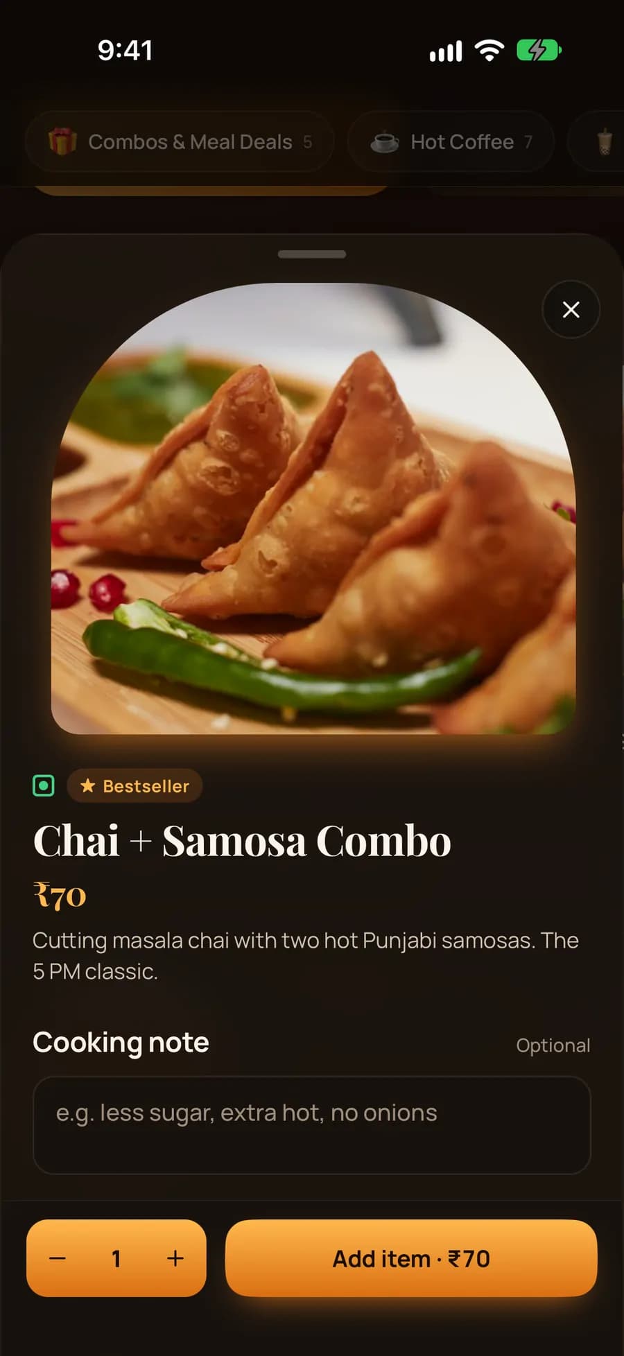 iPhone app dish sheet for Chai + Samosa Combo, ₹70, bestseller badge, description and an optional cooking note field with Add item.