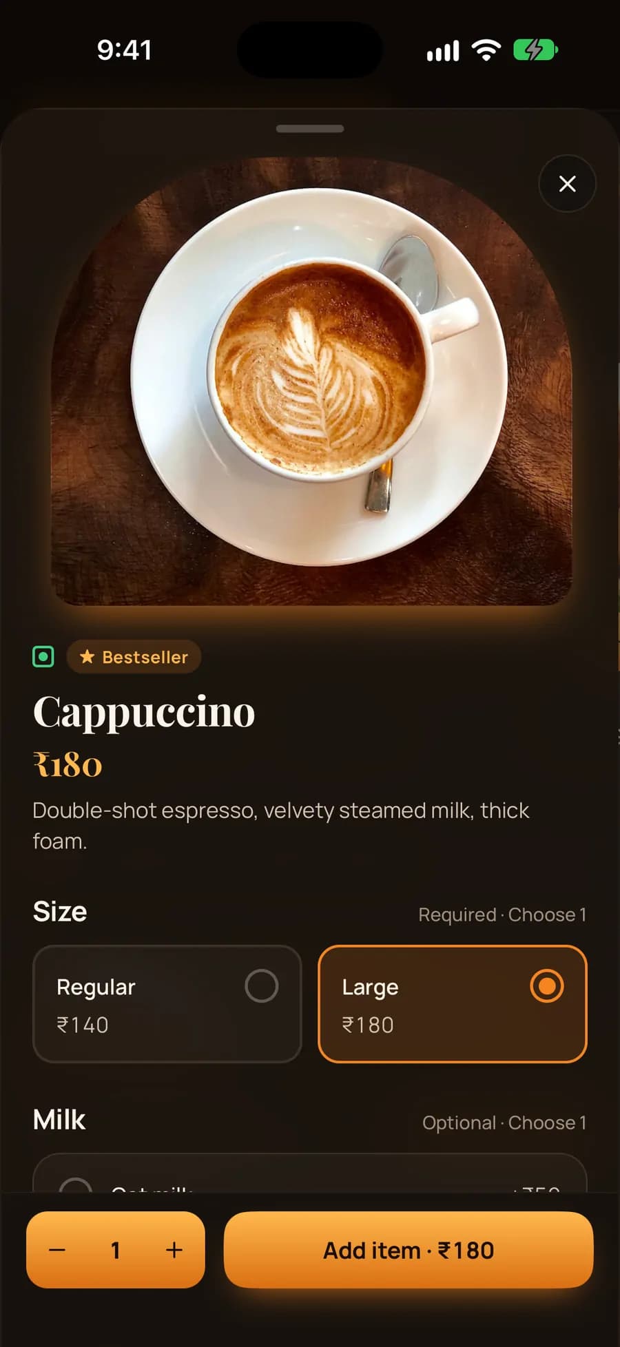 iPhone app cappuccino options: size Regular ₹140 or Large ₹180 selected, optional milk choices, Add item button.