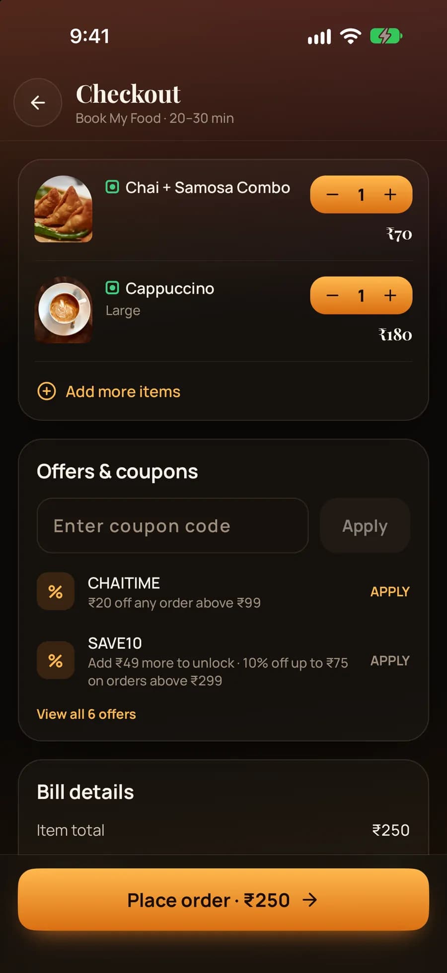 iPhone app checkout with Chai + Samosa Combo ₹70 and a large Cappuccino ₹180, coupon field, CHAITIME and SAVE10 suggestions, Place order ₹250.