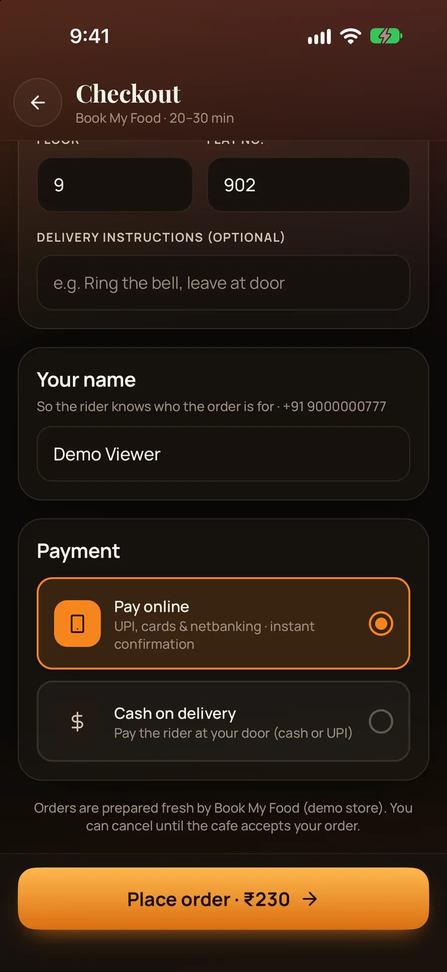 iPhone app bill: item total ₹250, CHAITIME −₹20, free delivery, to pay ₹230 with GST split; deliver to tower R4, floor 9, flat 902.