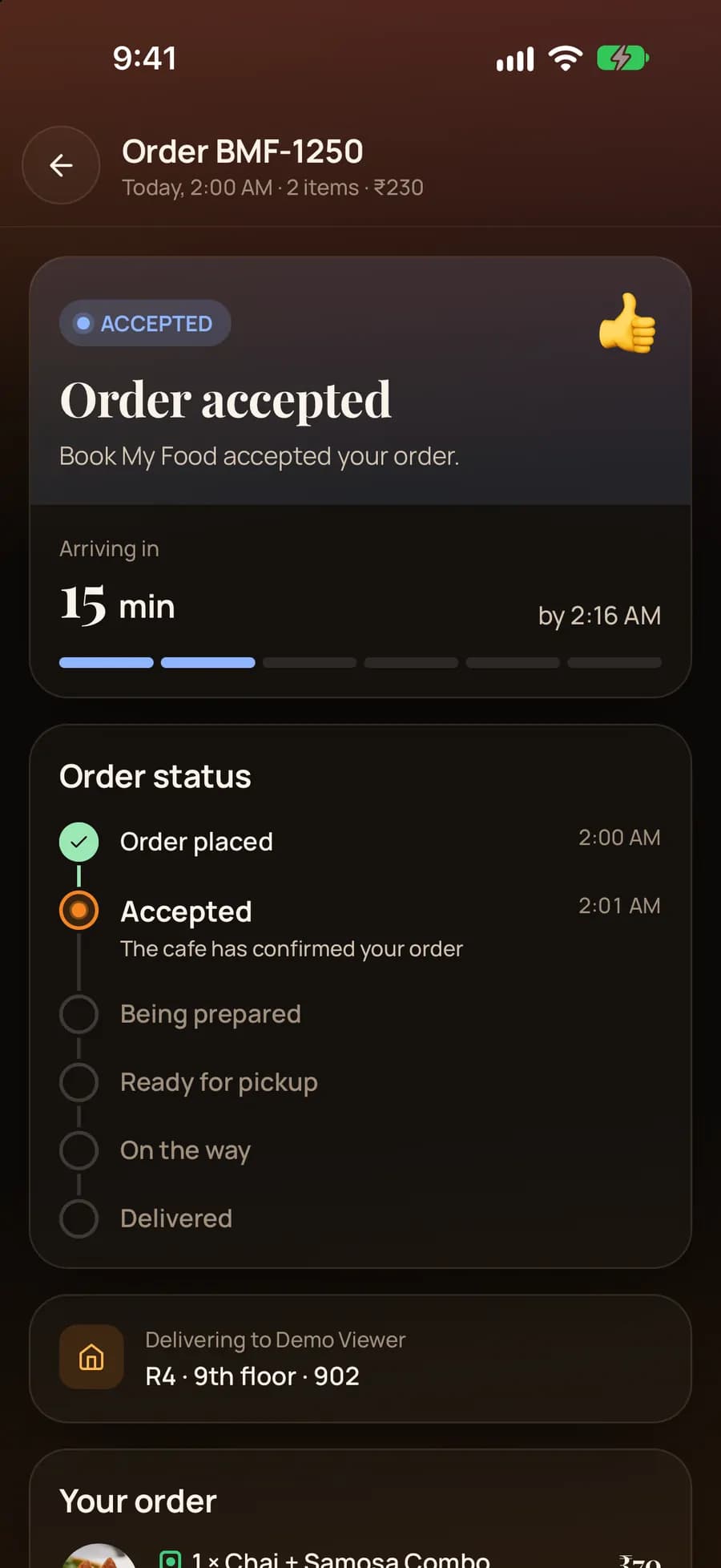 iPhone app order tracker: Order accepted, arriving in 15 minutes, status timeline with placed and accepted ticked.