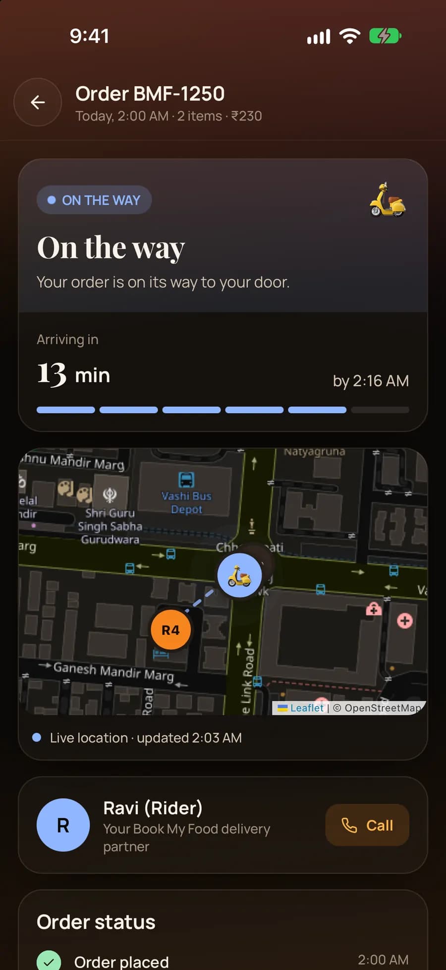 iPhone app tracker: On the way, arriving in 13 minutes, live map with the rider near tower R4, rider Ravi with a Call button.