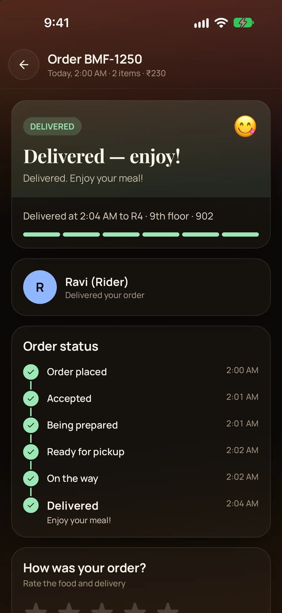 iPhone app: Delivered — enjoy! at R4, 9th floor, 902, rider Ravi, full timeline from placed to delivered and a rating prompt.