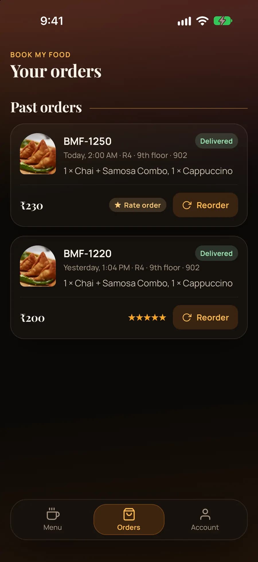 iPhone app Your orders list: two delivered orders BMF-1250 ₹230 and BMF-1220 ₹200 with Rate order and Reorder buttons.