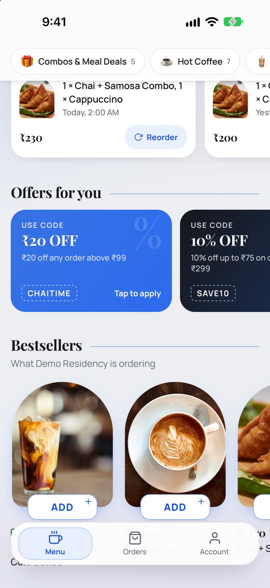 The iPhone app menu in the Neo Light theme scrolled to Offers for you — CHAITIME ₹20 off any order above ₹99 and SAVE10 10% off up to ₹75 on orders above ₹299 — and Bestsellers: Book My Food Classic Cold Coffee ₹150, Cappuccino ₹140 and Chai + Samosa ₹70, each with an ADD button.