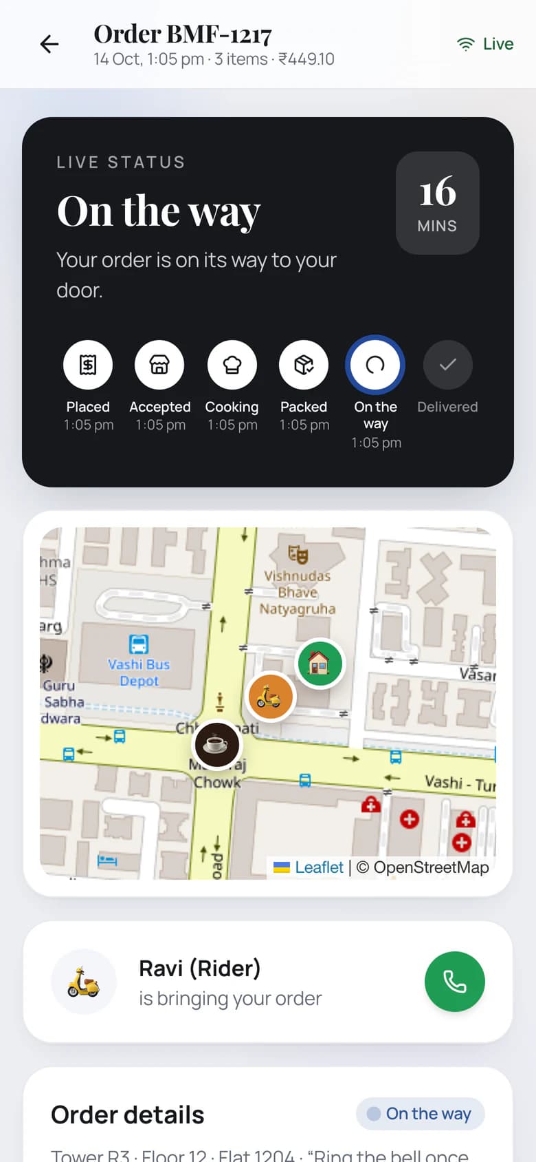 The live tracker for order BMF-1217 on a phone in the Neo Light theme: On the way with 16 mins left, a six-step timeline (Placed, Accepted, Cooking, Packed and On the way at 1:05 pm, then Delivered), a street map with the café, the rider’s scooter pin and the R3 tower pin, and a card saying Ravi (Rider) is bringing your order with a call button.