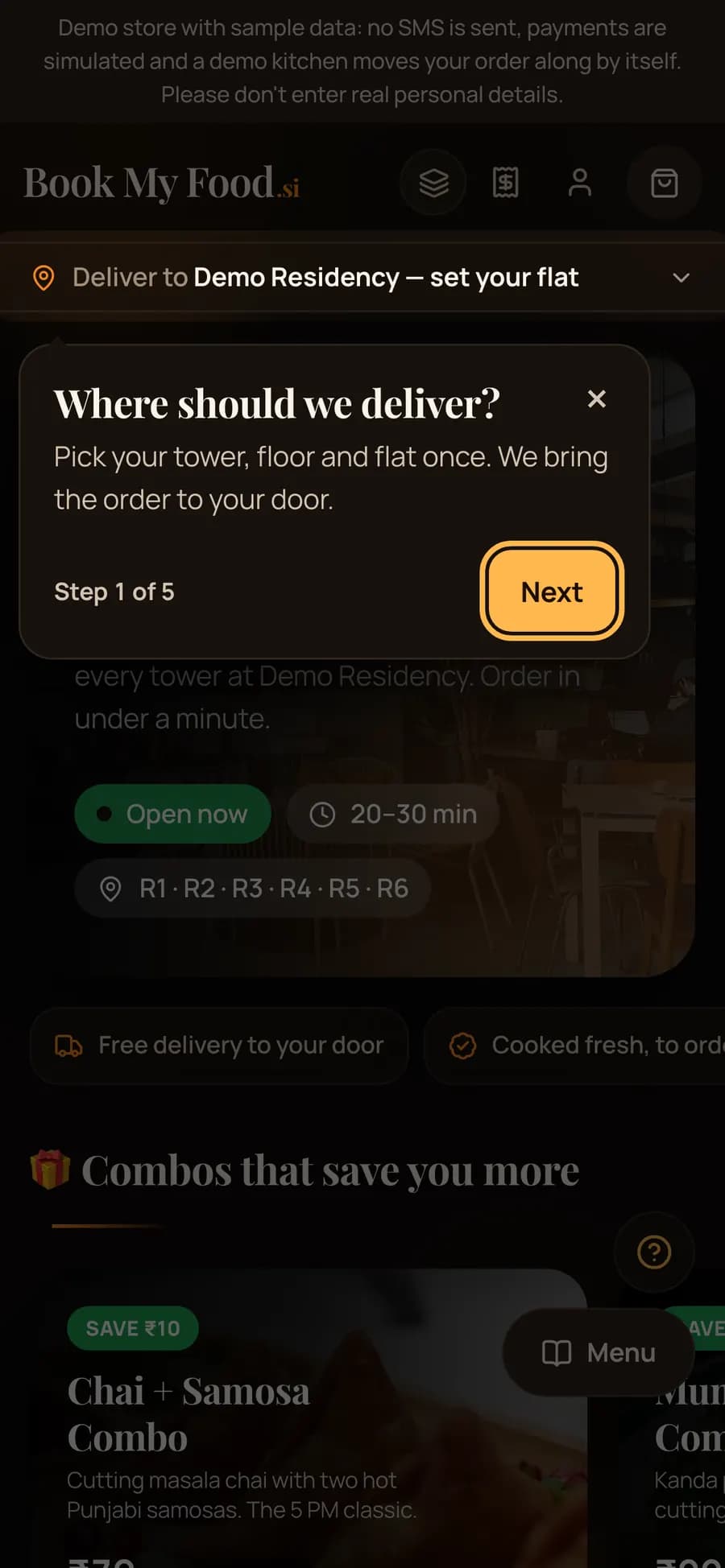 The guided tour on a phone: a popover under Deliver to says Where should we deliver? Pick your tower, floor and flat once, with Step 1 of 5 and a Next button.