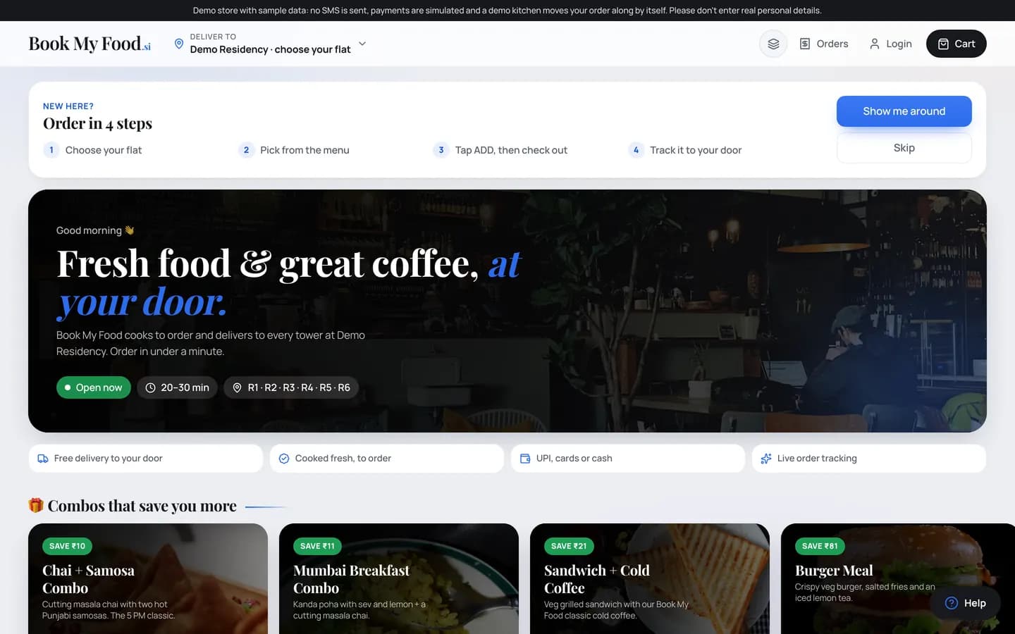 The menu on a laptop in the Neo Light theme: a “New here? Order in 4 steps” card with Show me around and Skip, the hero with Open now, 20–30 min and towers R1 to R6, and the combos row.