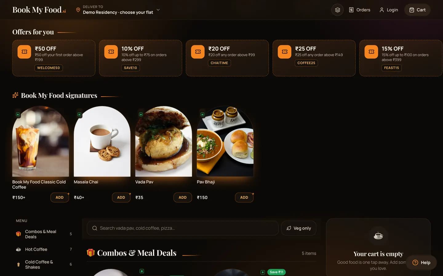 The Book My Food menu on a laptop scrolled to Offers for you: offer cards with the codes WELCOME50, SAVE10, CHAITIME, COFFEE25 and FEAST15, then Book My Food signatures with photos of cold coffee, masala chai, vada pav and pav bhaji, and the category rail.