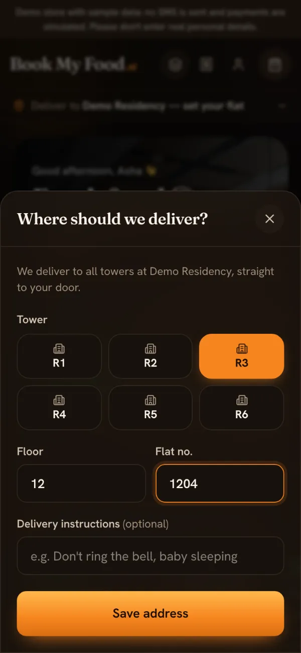 The “Where should we deliver?” sheet with tower R3 selected, floor 12 and flat 1204 filled in, and a Save address button.