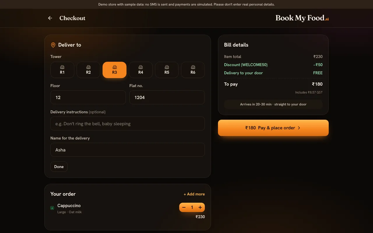 The checkout on a laptop: tower R3, floor 12 and flat 1204 under Deliver to, a large cappuccino with oat milk, and bill details showing item total ₹230, WELCOME50 −₹50, free delivery and ₹180 to pay with a Pay & place order button.