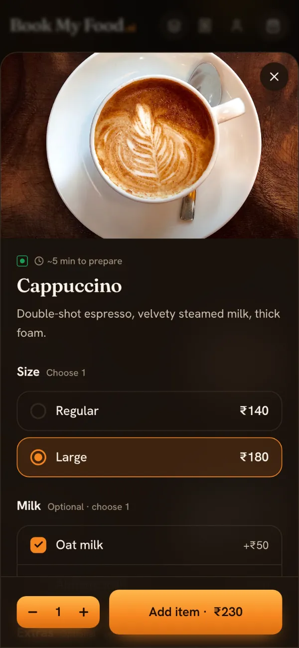 A cappuccino customisation sheet: Large selected at ₹180, oat milk ticked for +₹50, and an “Add item · ₹230” button.