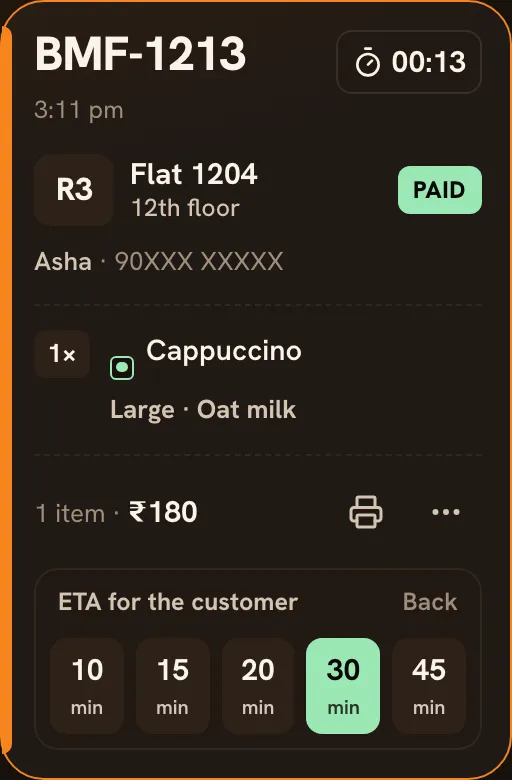 The ETA picker on an order card: ETA for the customer with buttons for 10, 15, 20, 30 and 45 minutes.