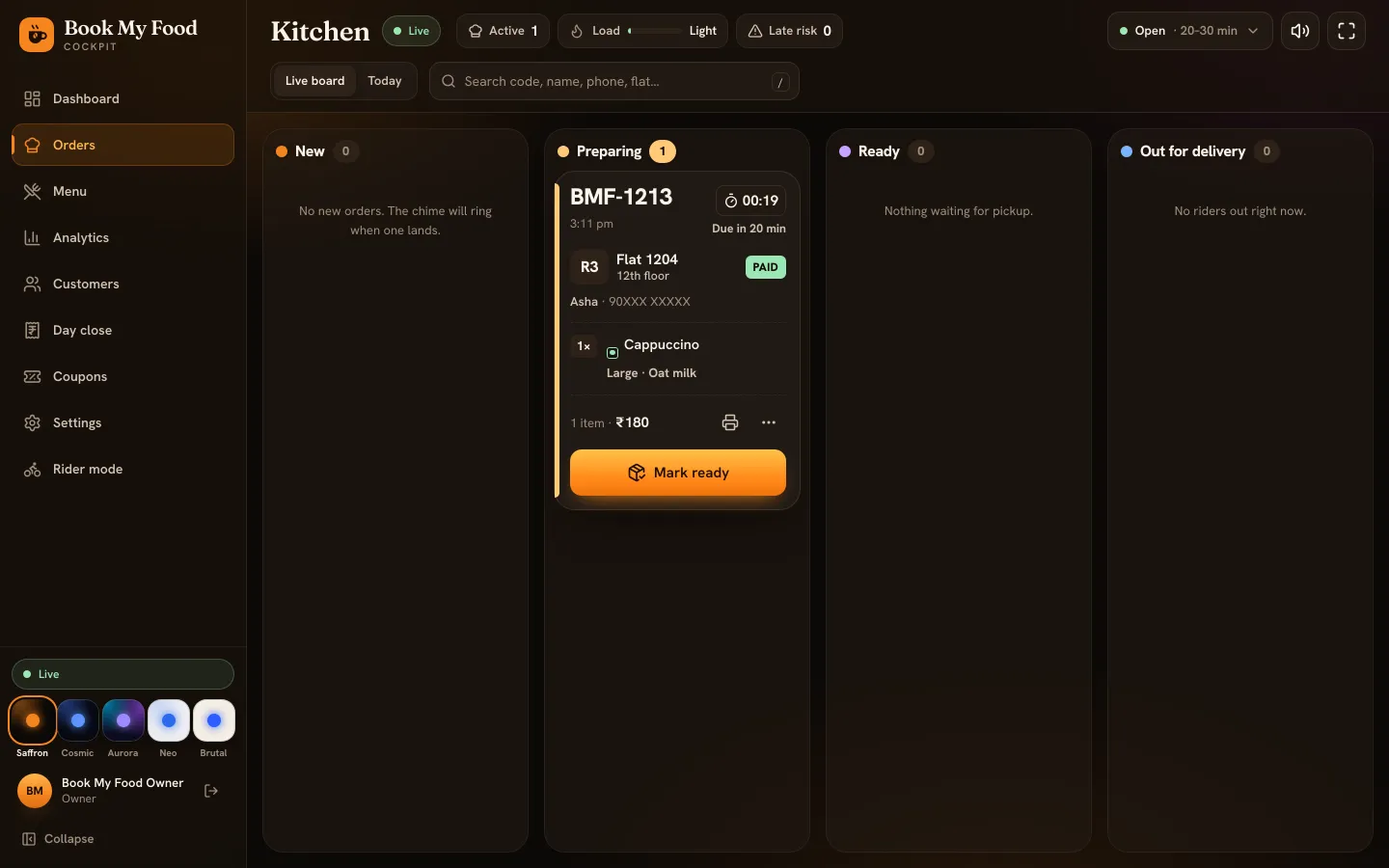 The board after accepting: the order in the Preparing column, due in 20 minutes, with a Mark ready button.