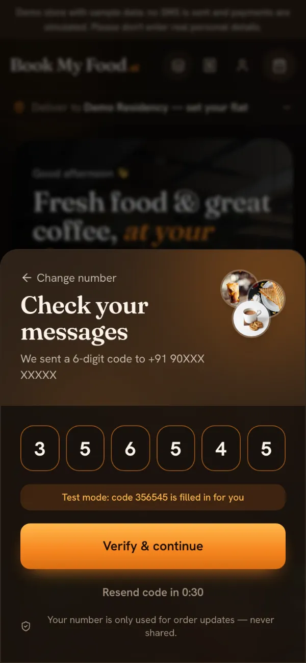 The login sheet on the demo store: “Check your messages”, six boxes already filled with the code, a note saying the test-mode code is filled in, and Verify & continue. The phone number is masked.