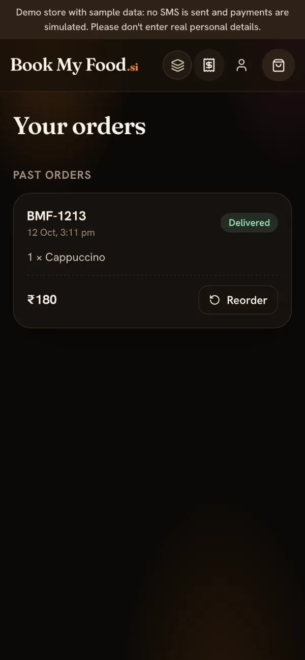 Your orders on a phone, with a past order and its Reorder button.