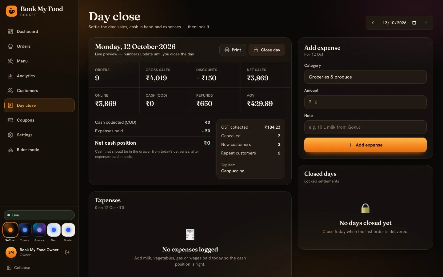The Day close screen for a demo day: orders, gross sales, discounts, net sales, online, cash, refunds, AOV, net cash position, GST collected, and the Add expense form.