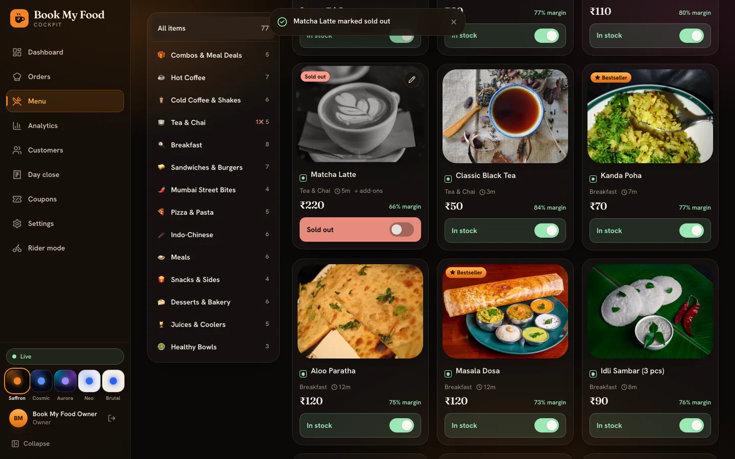 The cockpit menu screen: the Matcha Latte card's switch reads Sold out in red while the other items read In stock in green.