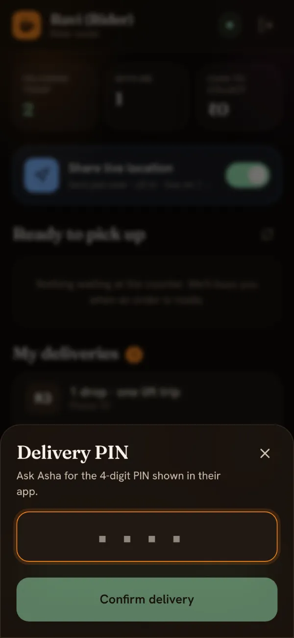 The Delivery PIN dialog in rider mode: “Ask Asha for the 4-digit PIN shown in their app”, an empty 4-digit field and a Confirm delivery button.