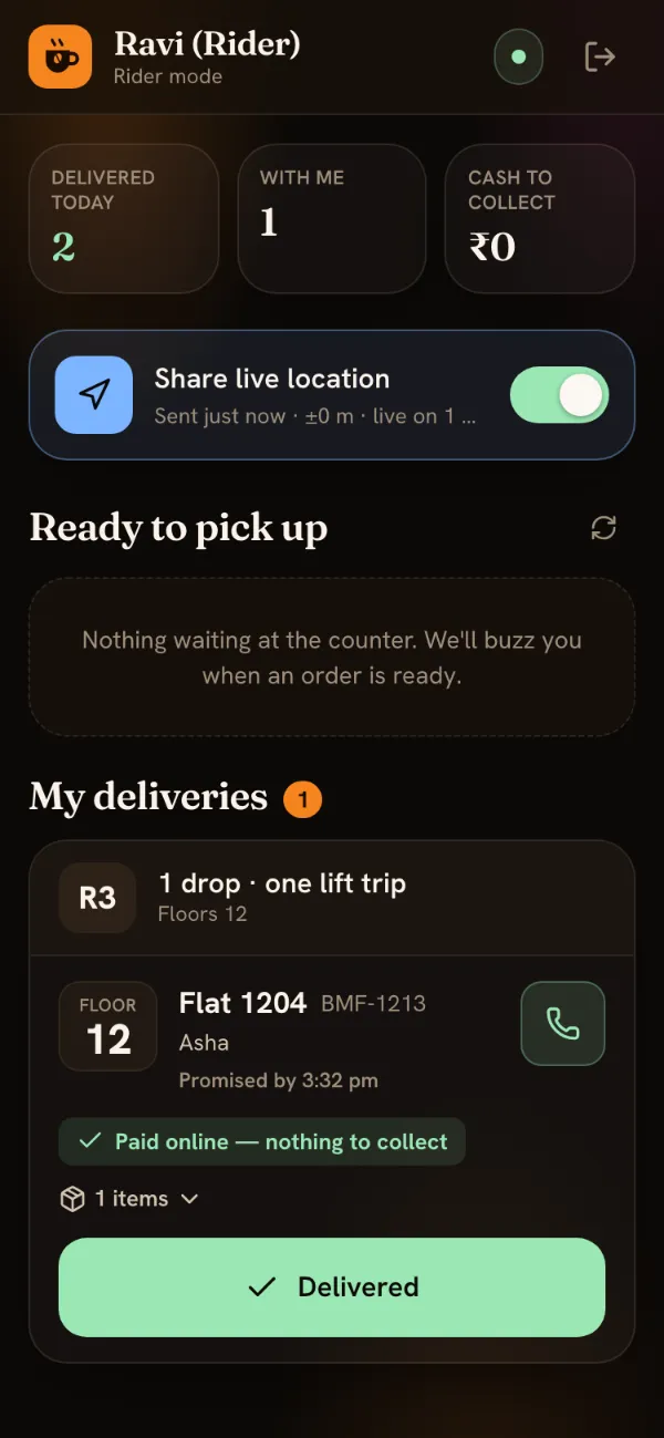 Rider mode during a delivery: Share live location on, one drop in tower R3 on floor 12, flat 1204, paid online, and a Delivered button.