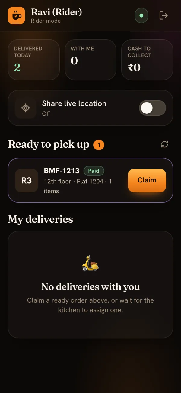 Rider mode with one order under Ready to pick up: tower R3, 12th floor, flat 1204, Paid, and a Claim button.