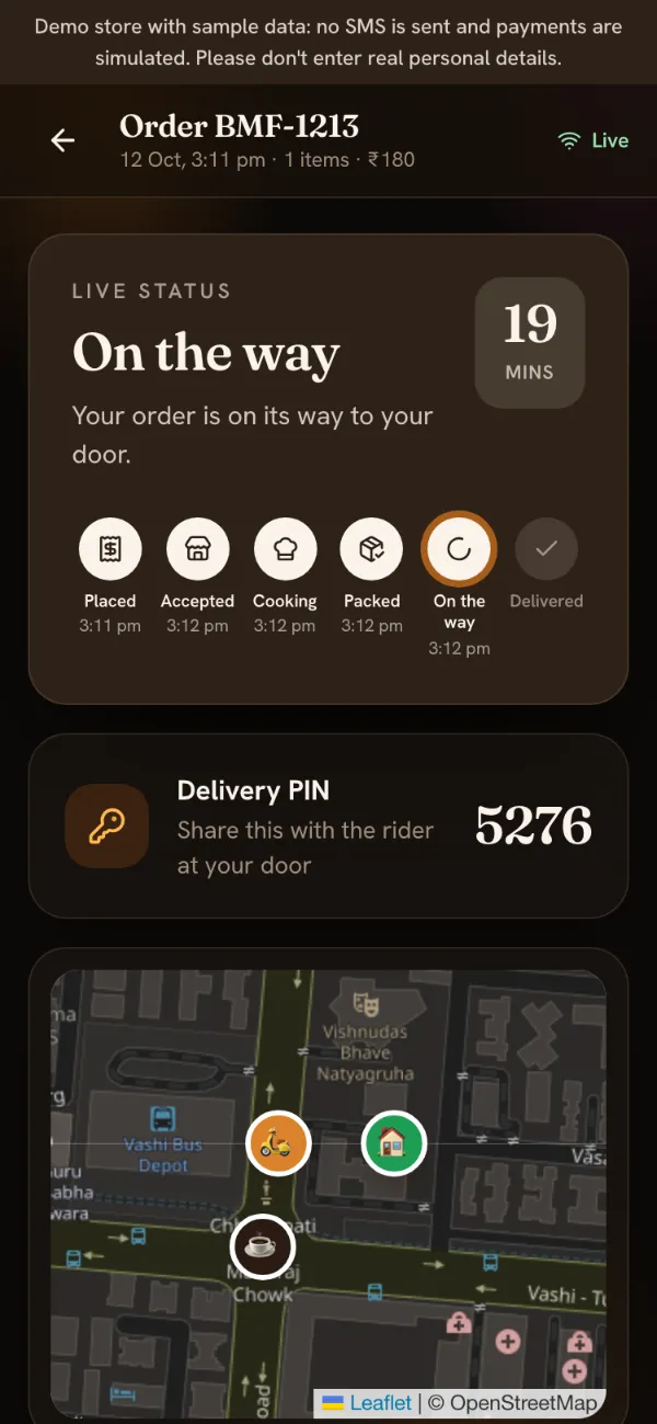 The tracker with the order On the way: a 4-digit delivery PIN and a map showing the rider close to the tower.