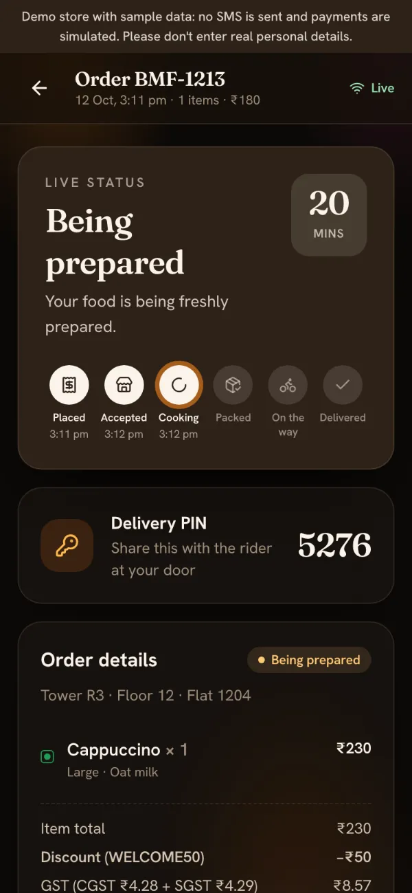 The tracker while the food is being prepared: the minutes countdown, the timeline up to Cooking, and a 4-digit delivery PIN.