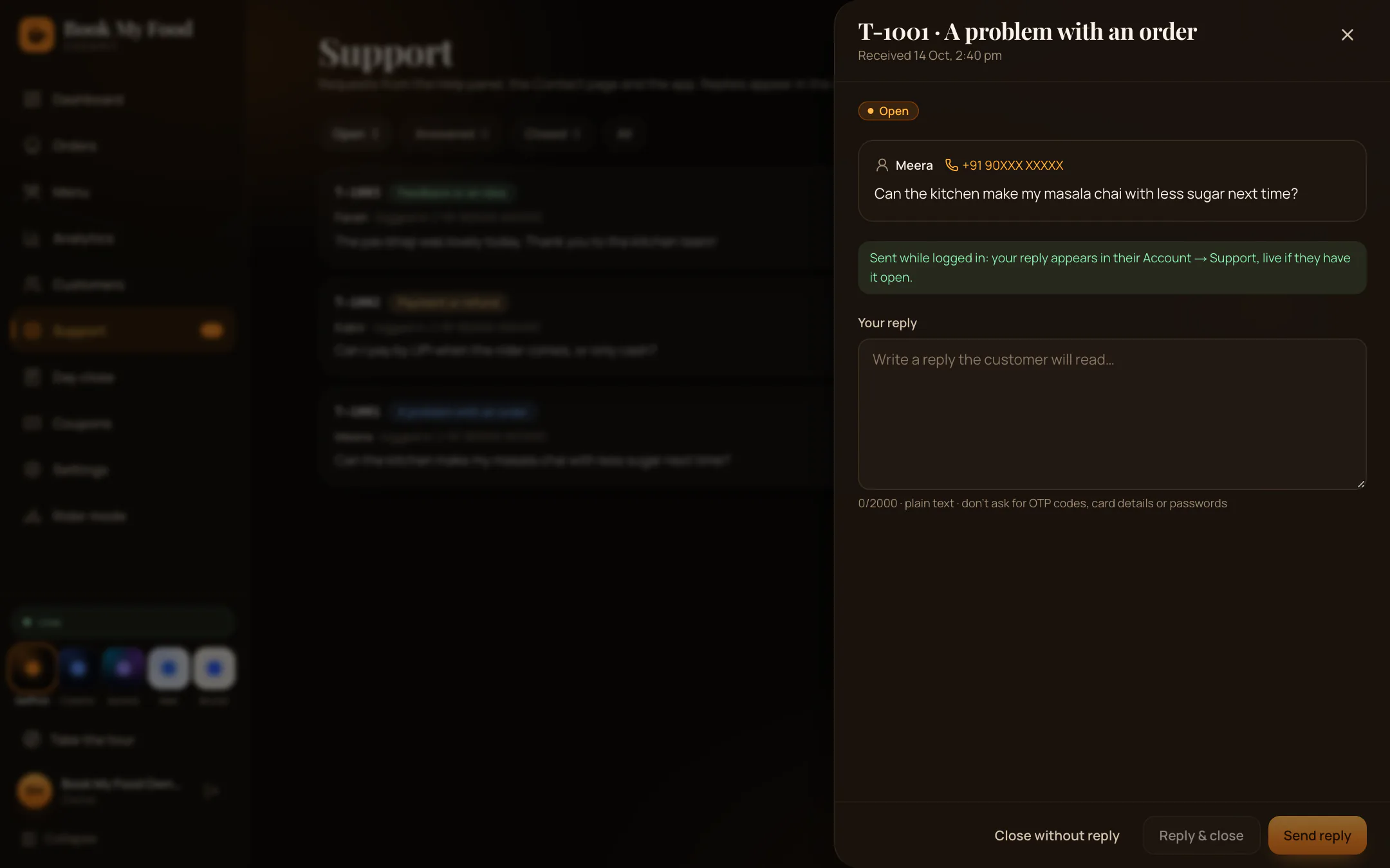 The owner’s support inbox with help requests from customers