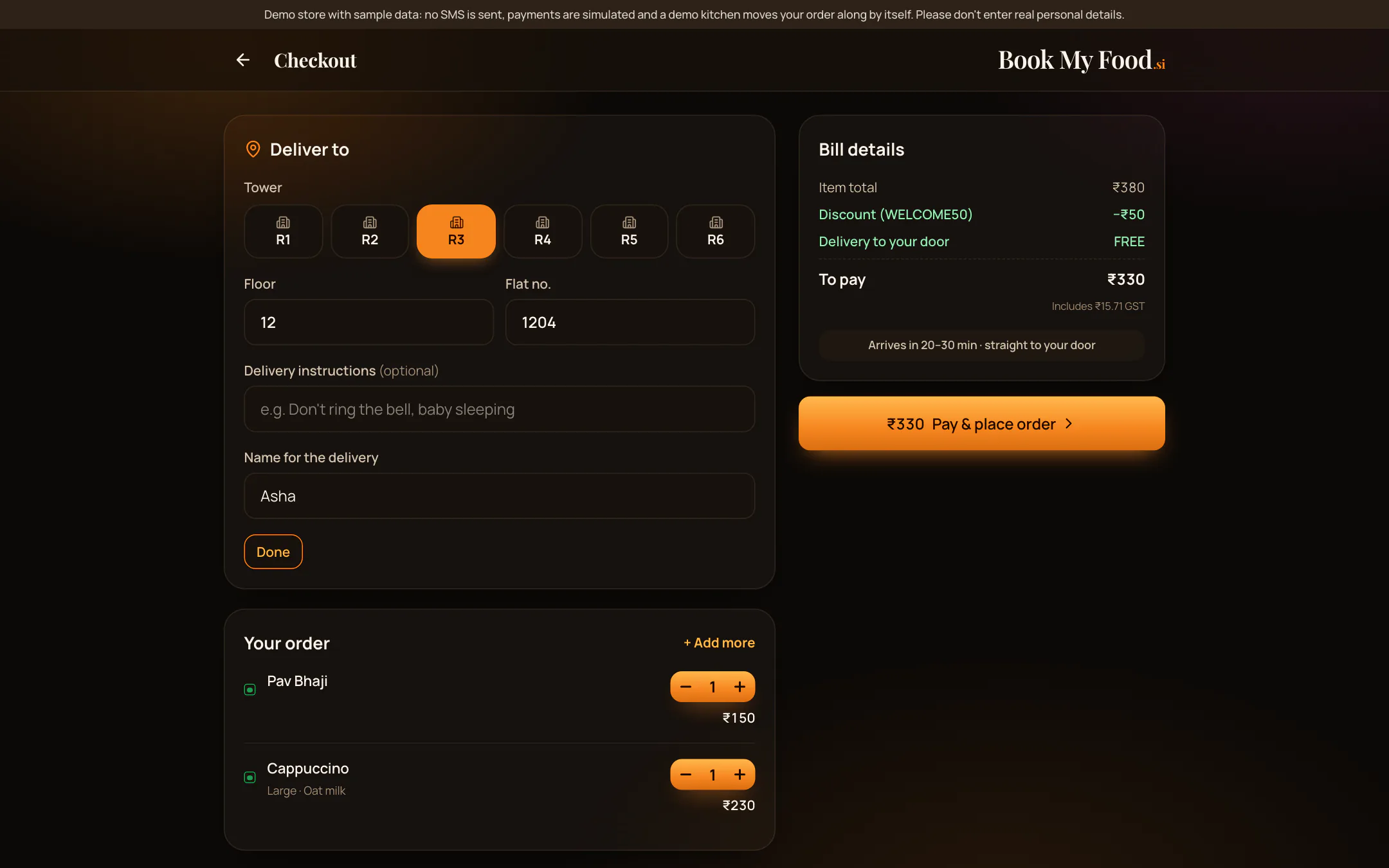 Checkout on a laptop showing the bill
