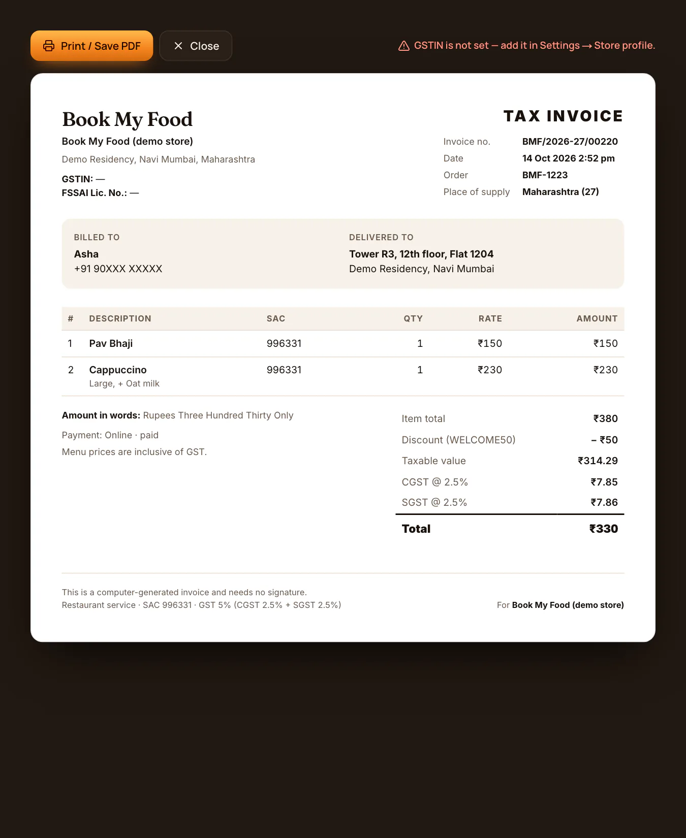 A GST invoice for a delivered order
